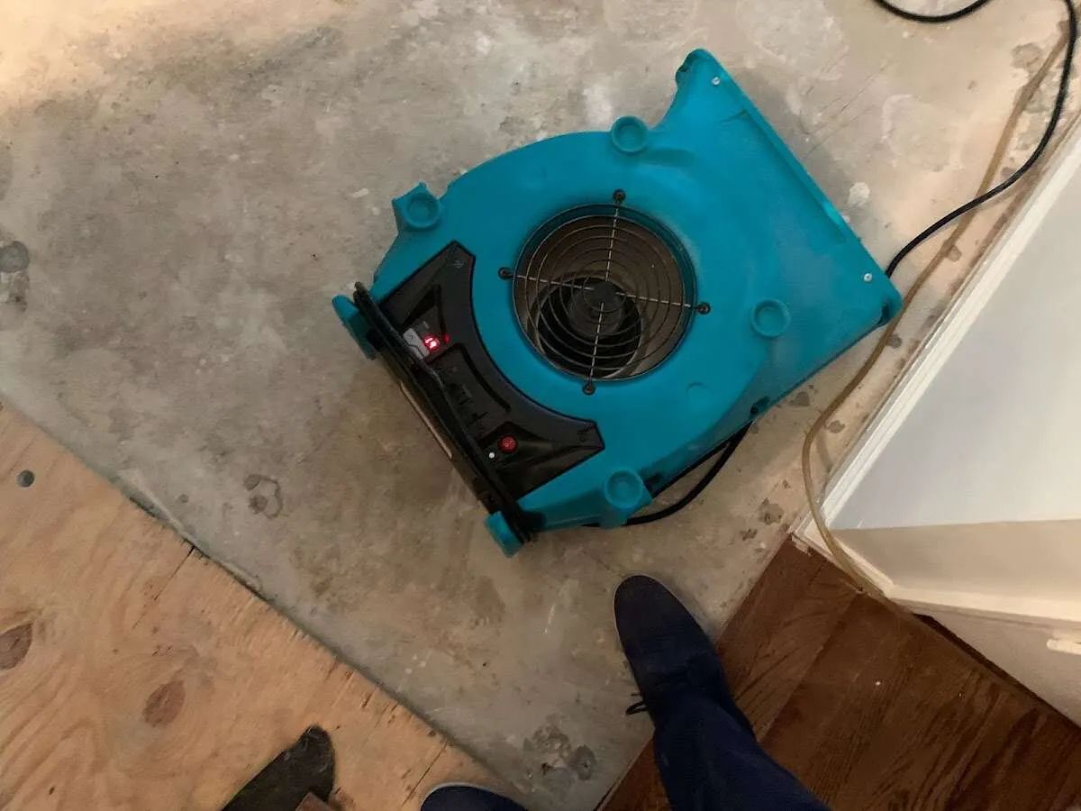 Air mover drying subfloor during Commercial Water Damage Restoration in Bolton
